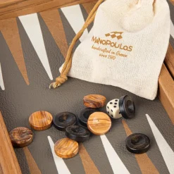 Kinder MANOPOULOS Reise-Backgammon, Graubeiges Straußenleder-Optik